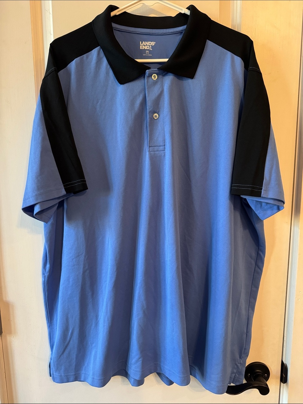 Lands' End Men’s Light Blue Polo with Black Shoulder and Collar